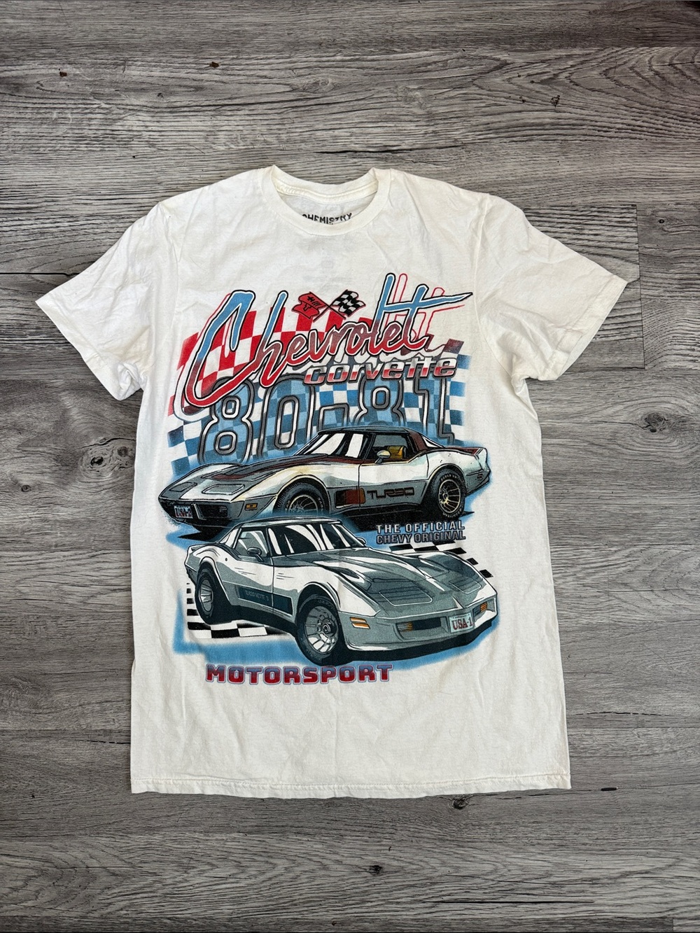 Chemistry White Tee with Blue & Red Corvette Graphic